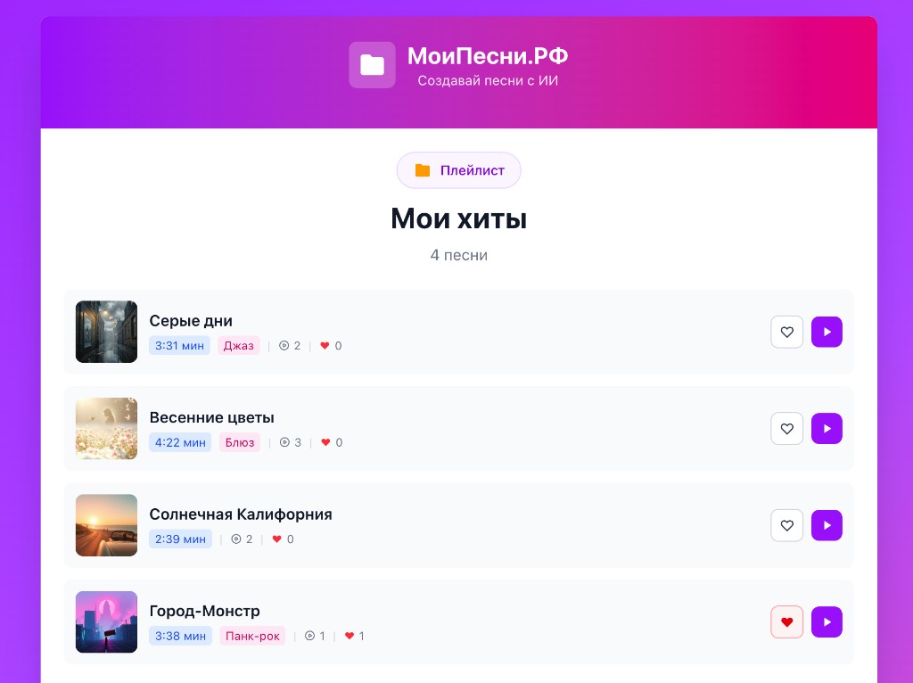 Пример страницы плейлиста на МоиПесни.РФ
