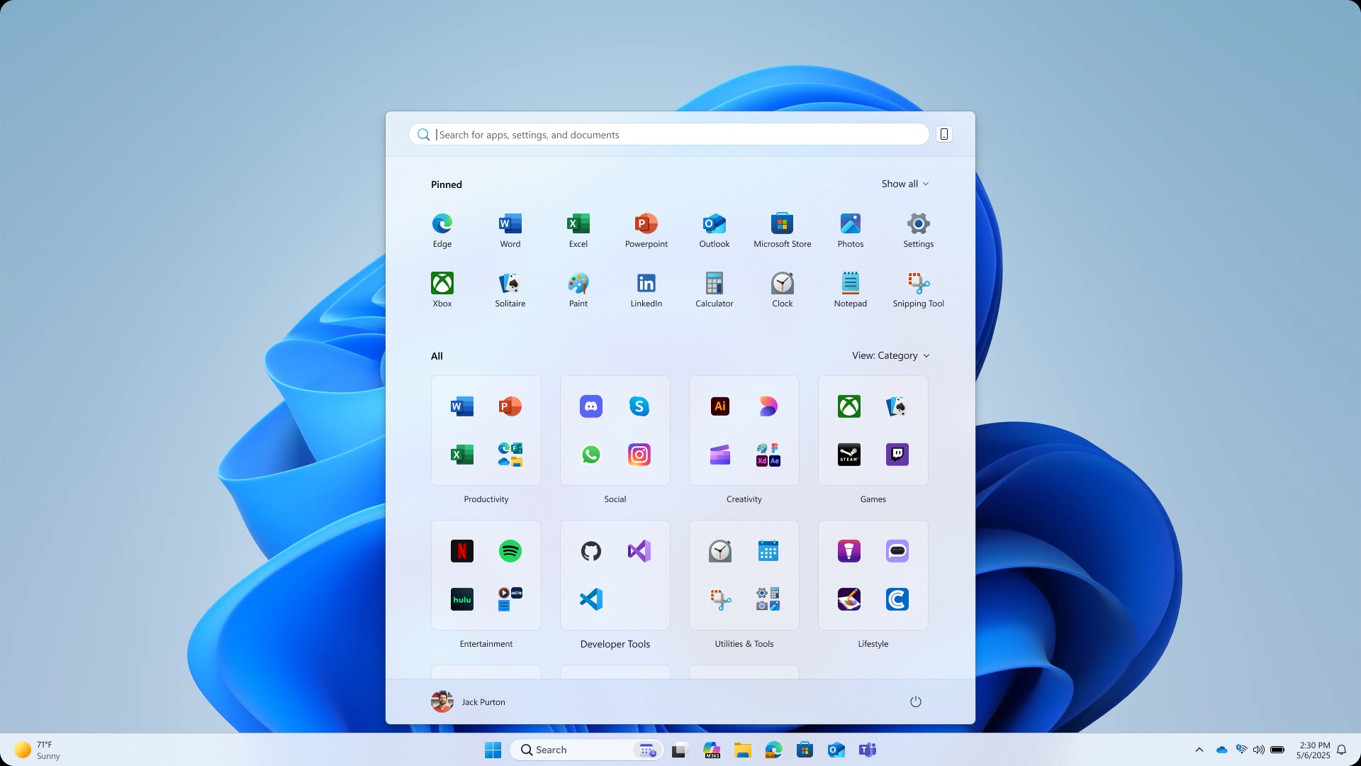 Обновленное меню «Пуск» в Windows 11