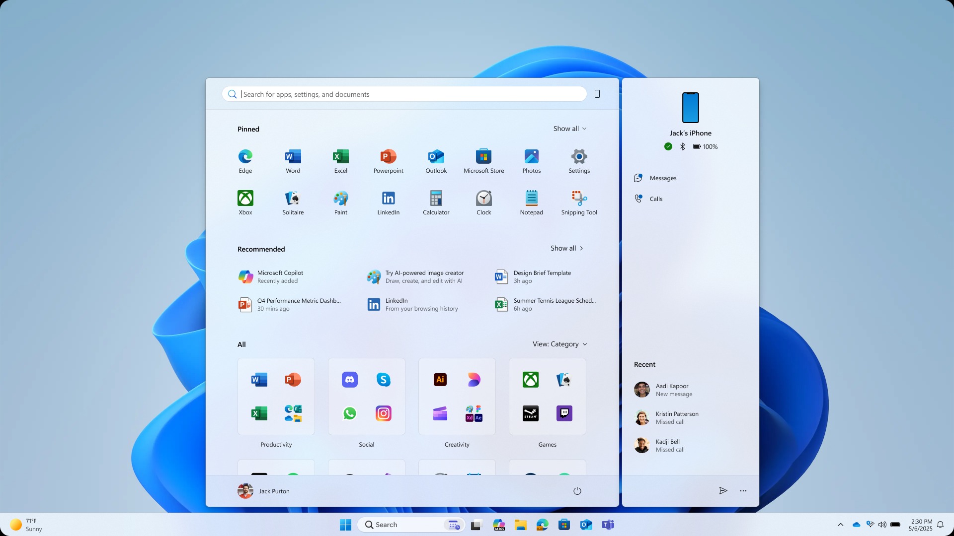 Обновленное меню «Пуск» в Windows 11