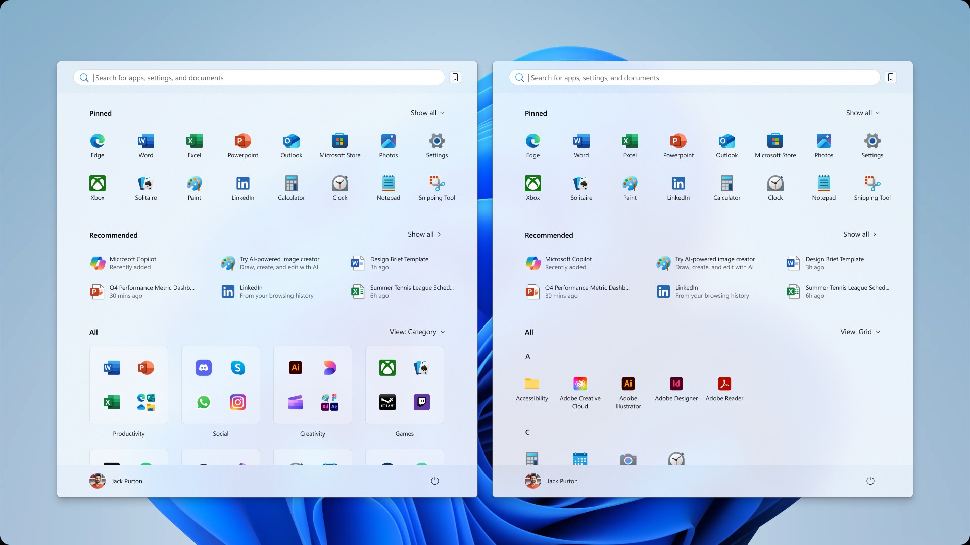 Обновленное меню «Пуск» в Windows 11