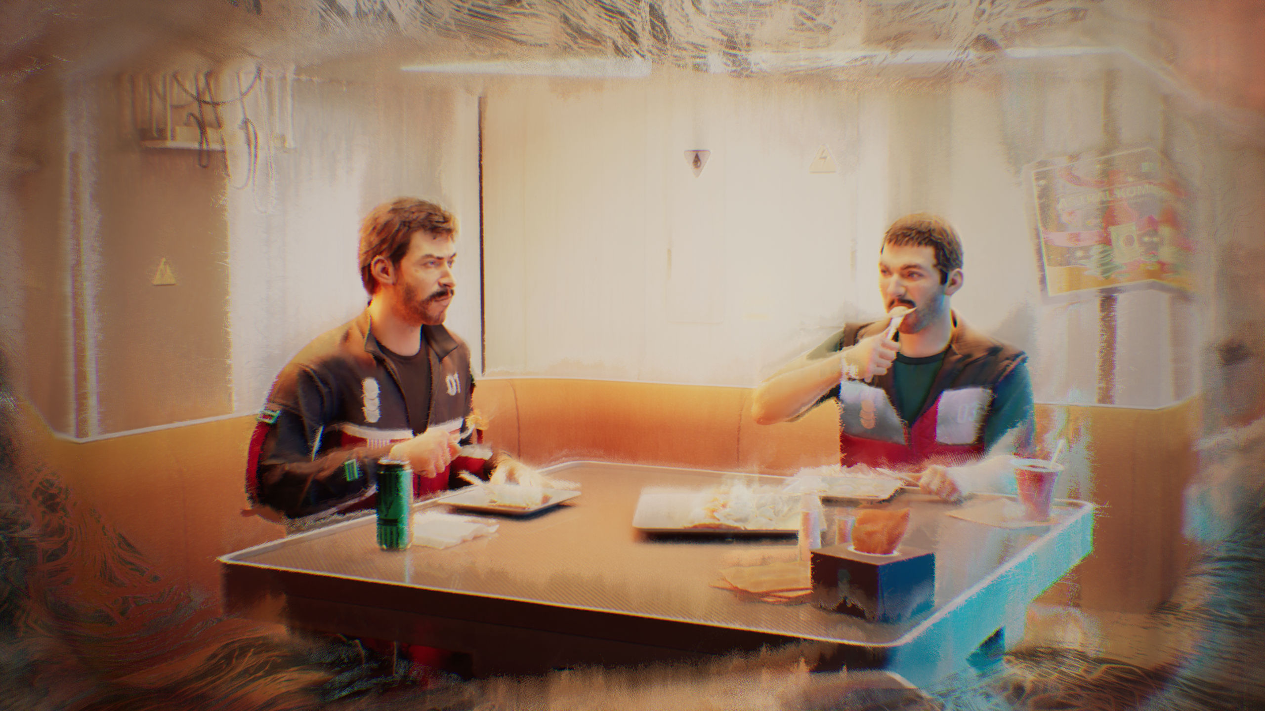 Скриншот The Alters, на котором Ян Дольски ест с техником.