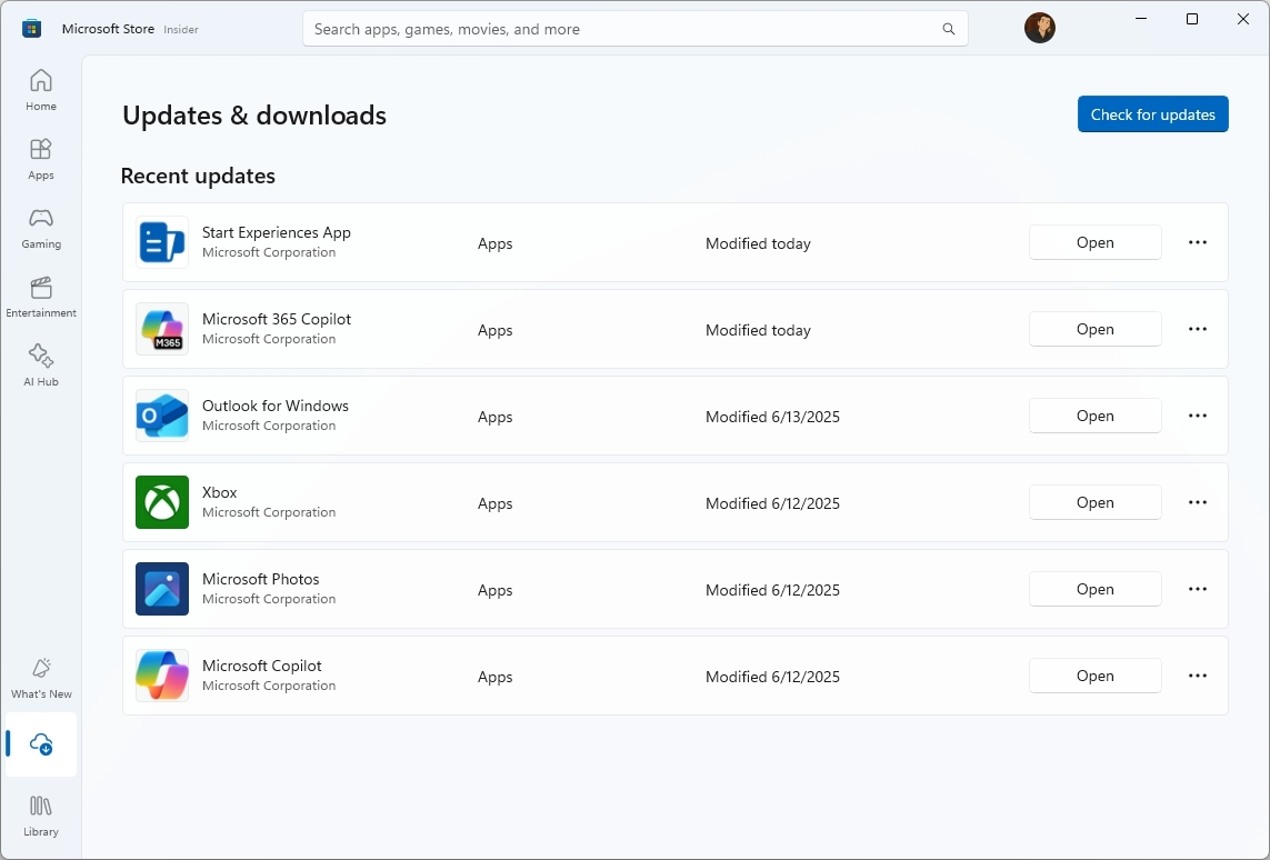 Проверка обновлений приложений в Microsoft Store