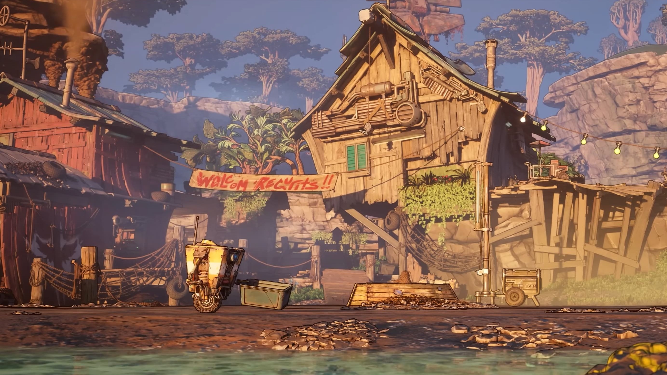 Кадр из Borderlands 4 с Клэптрапом в полуразрушенной деревне.