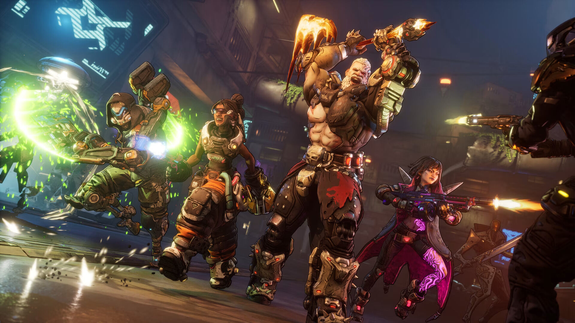 The full cast of Borderlands 4's Vault Hunters in action.