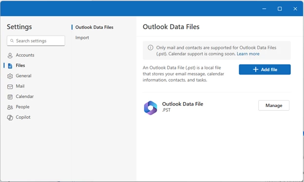 PST file support in new outlook
