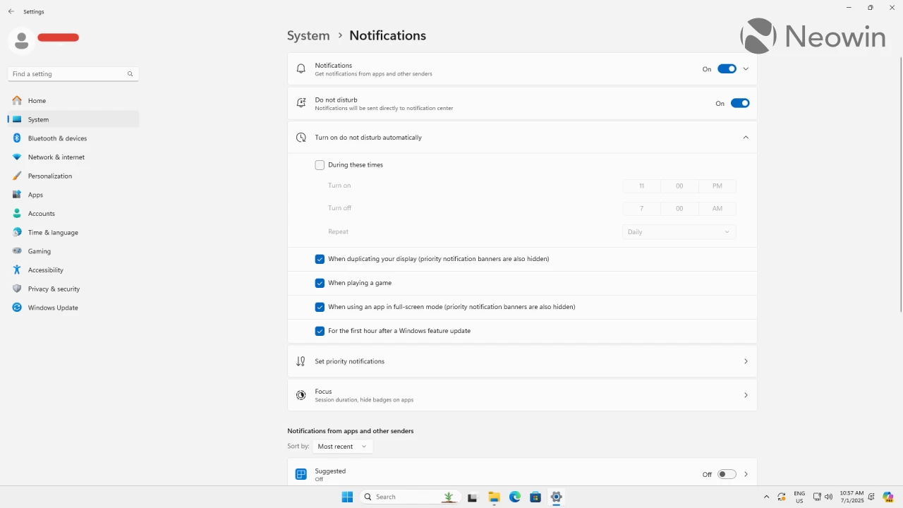 Настройки Focus Assist в Windows 11