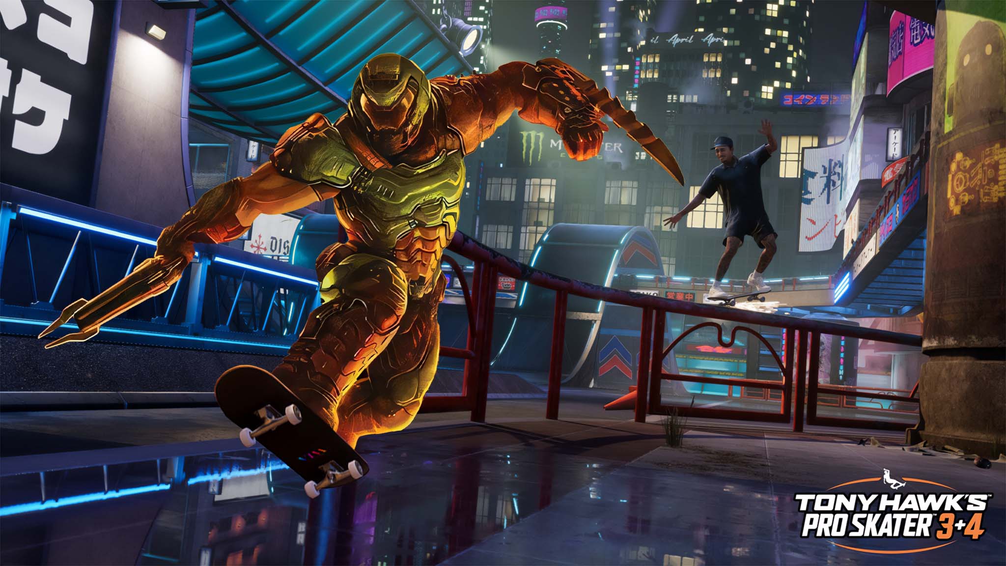 Doom guy skating on a skateboard with the background of Tony Hawk Pro Skater 3 + 4.