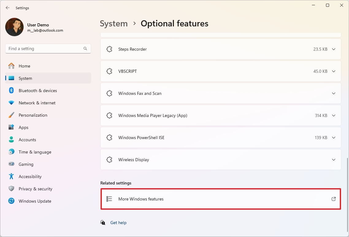 Дополнительные компоненты Windows