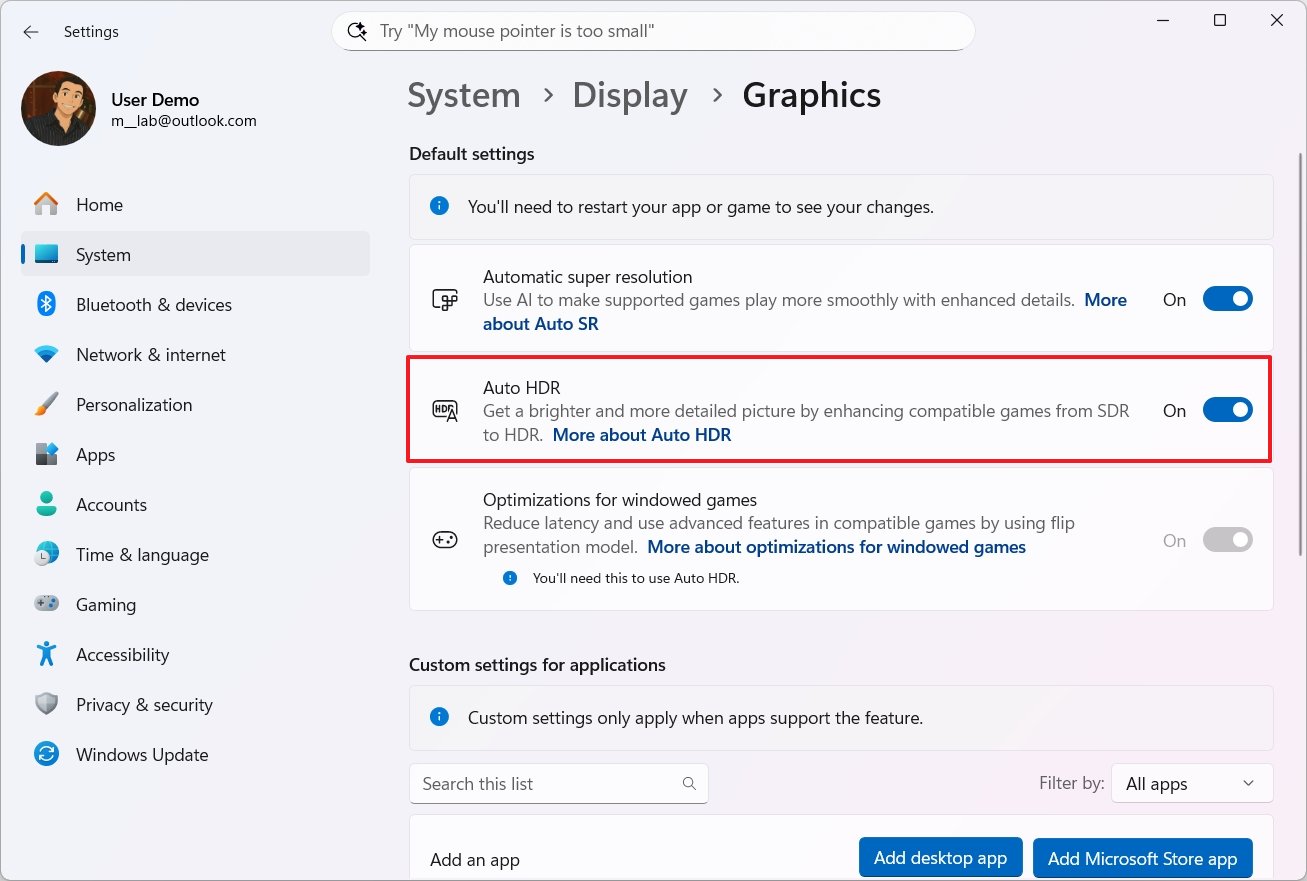 Windows 11 Auto HDR включен