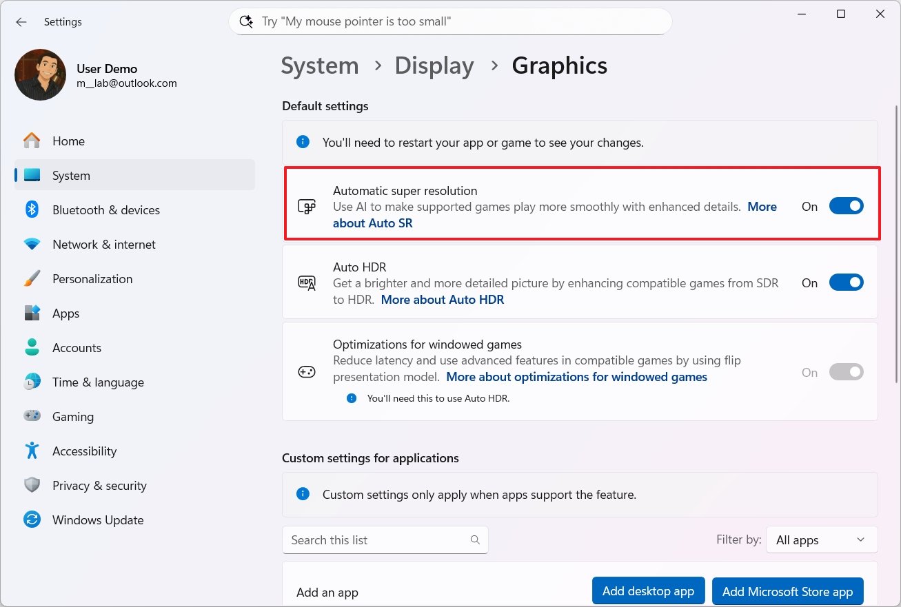 Windows 11 Автоматическое суперразрешение включено