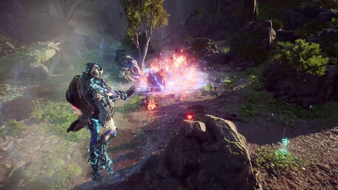 An Anthem javelin in a lush forested biome.