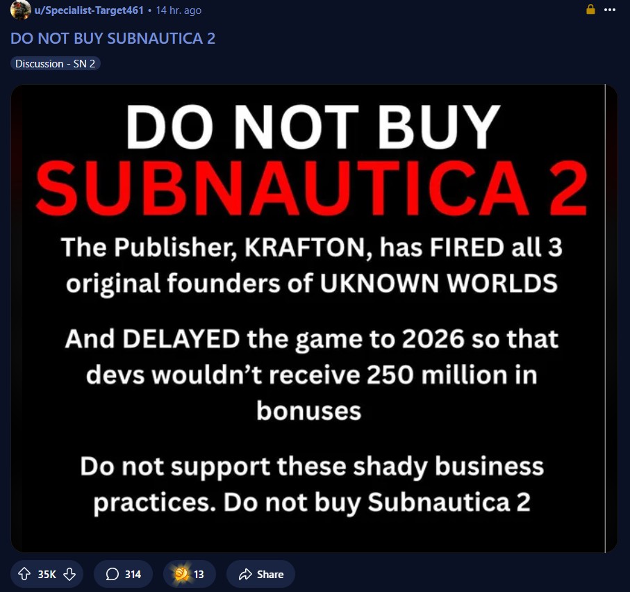 Subautica boycott thread on reddit, with 35k upvotes