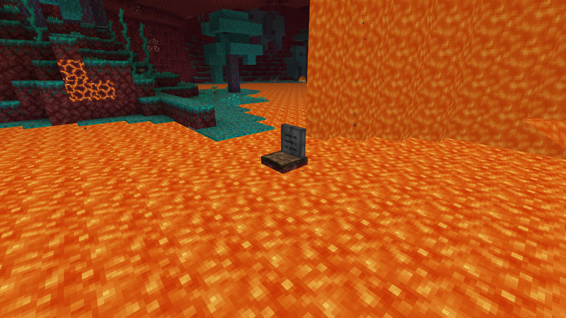 Одинокий могильный камень, плавающий в лаве в биоме Нижнего мира Minecraft, в окружении лавопадов.