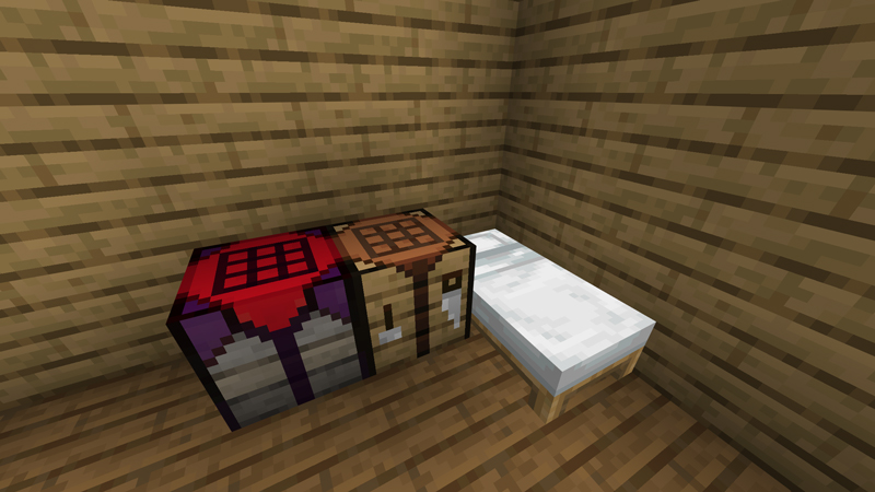 Верстак Minecraft рядом с кроватью, в комнате из дубовых досок, а рядом с обычным верстаком - стол для разборки.