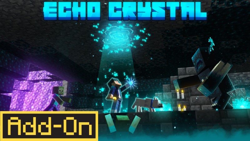 Игрок Minecraft держит эхо-кристалл, чтобы сбежать от надзирателя и зомби в биоме The End.