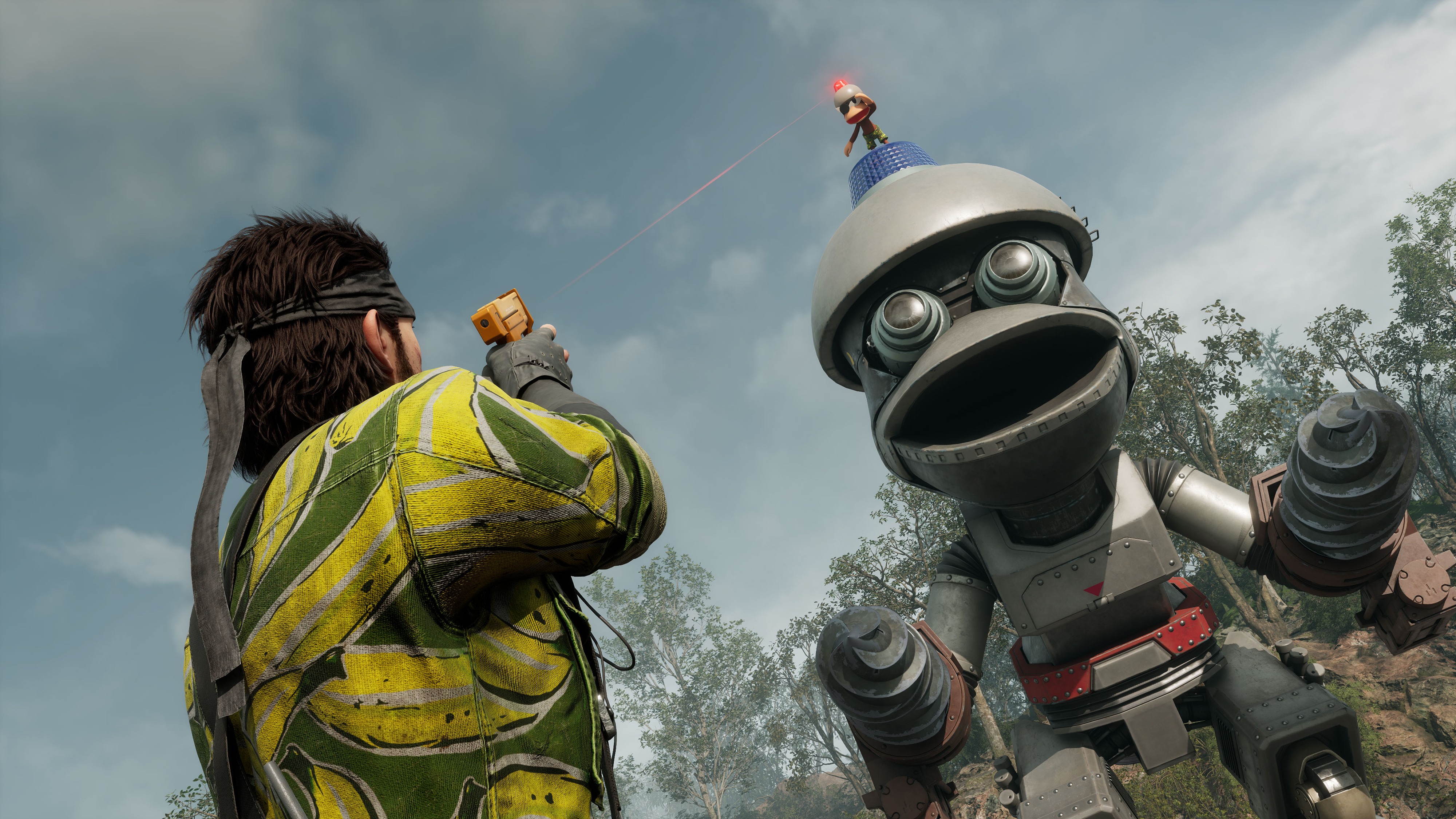 Promotional screenshot of Naked Snake fighting a giant monkey robot in Metal Gear Solid Delta: Snake Eater
