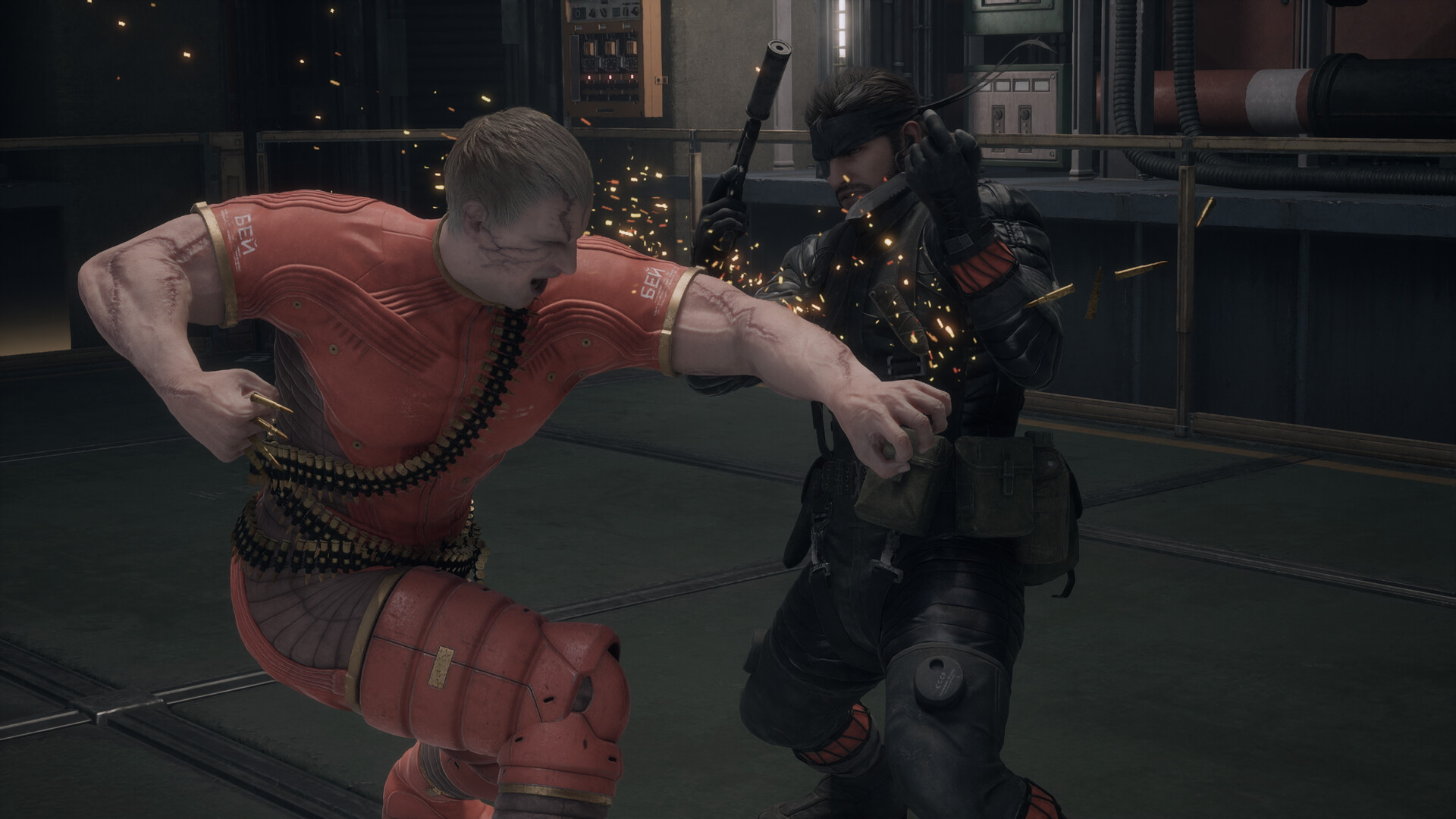 Promotional screenshot of Naked Snake fighting Volgin in Metal Gear Solid Delta: Snake Eater