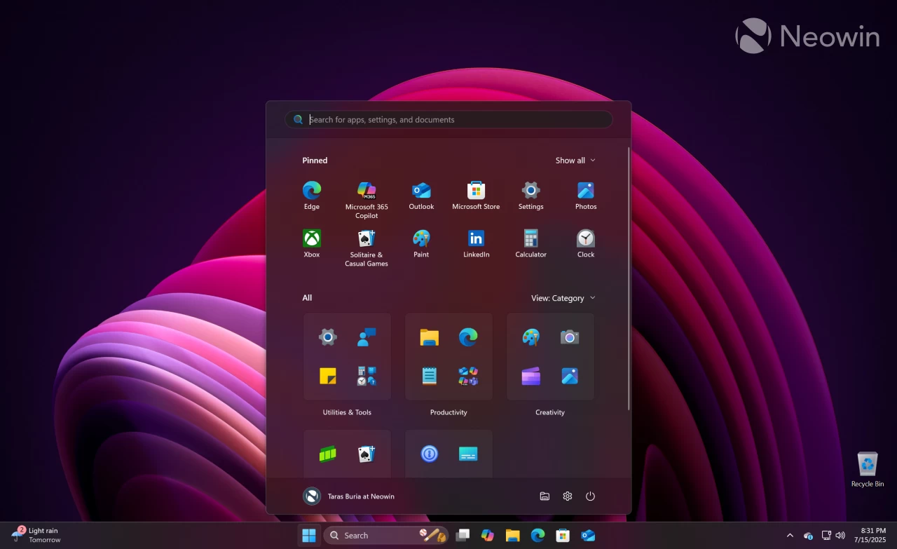 Новое меню "Пуск" в Windows 11
