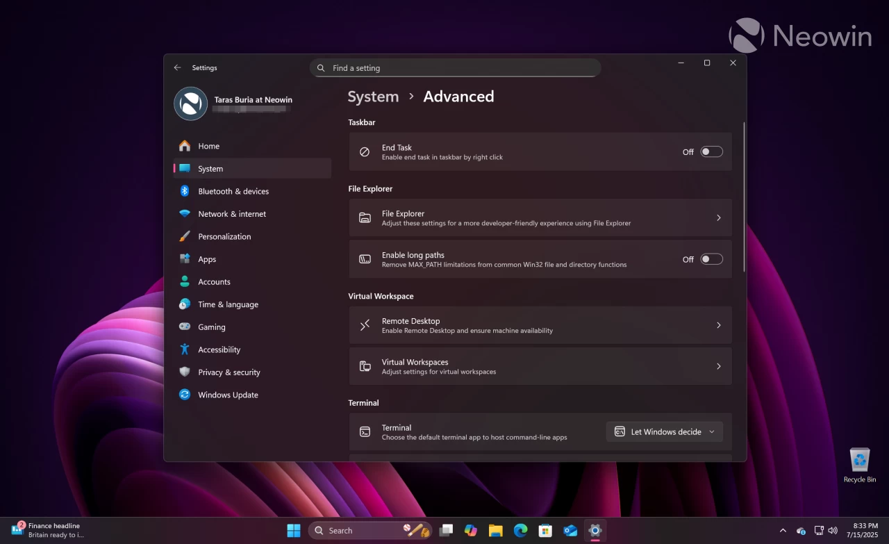Расширенные параметры Windows