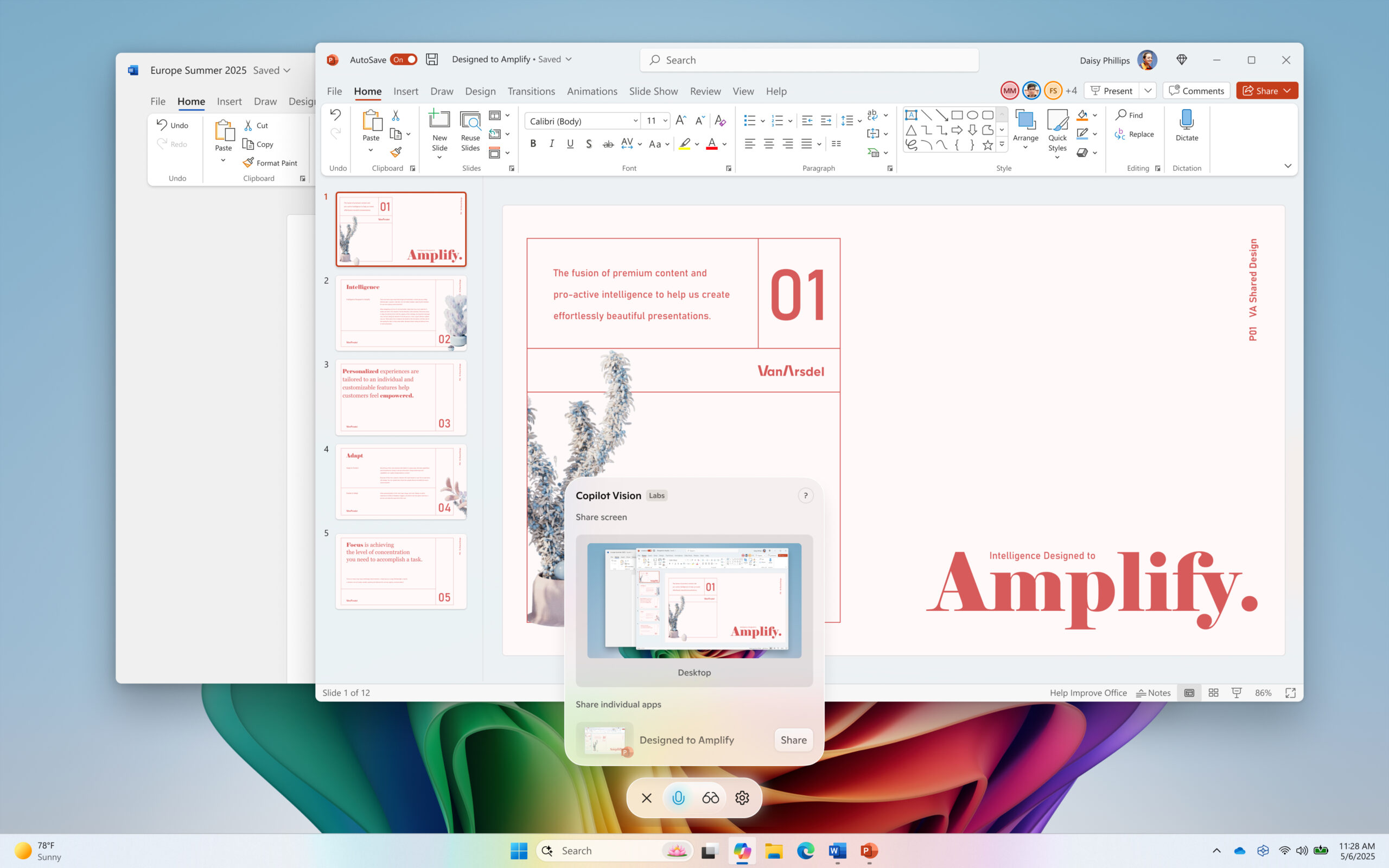 Sharing the PowerPoint app with Copilot Vision on a Windows 11 desktop interface.