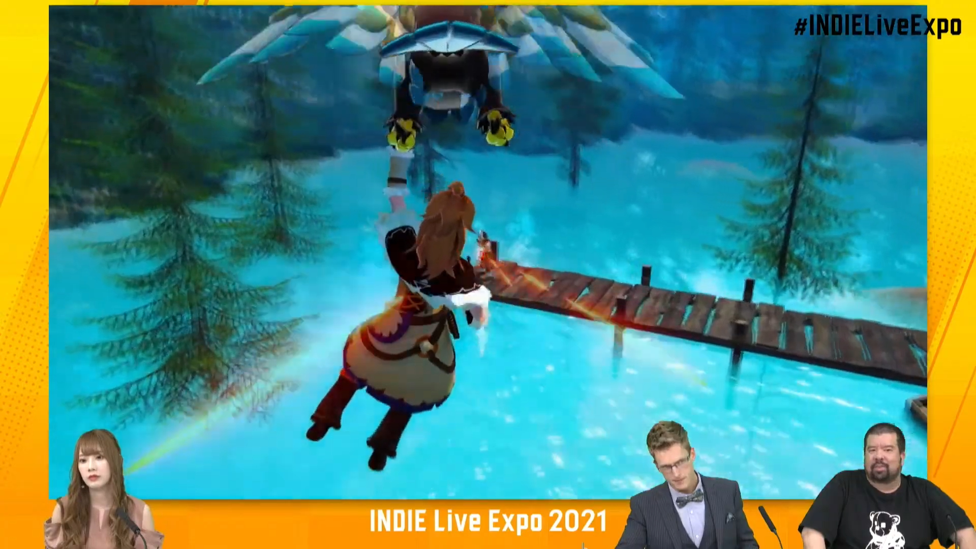 Скриншот демонстрации Palworld на Indie Live Expo 2021, где персонаж держится за летающее существо.