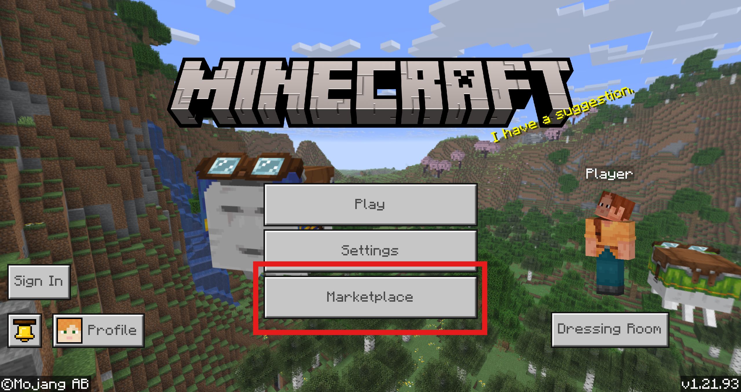 Главное меню Minecraft с выделенным красным цветом Marketplace.