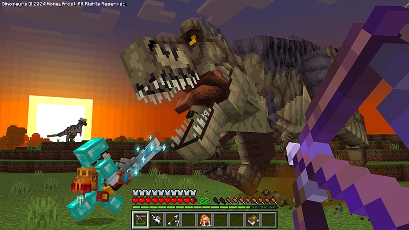 T-rex в Minecraft с игроком, сражающимся с ним мечом, и другим игроком, целящимся в него из лука.