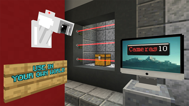 Скриншот дополнения безопасности Minecraft, показывающий настенную камеру, знак, сундук, защищенный лазерами, и компьютерный монитор.
