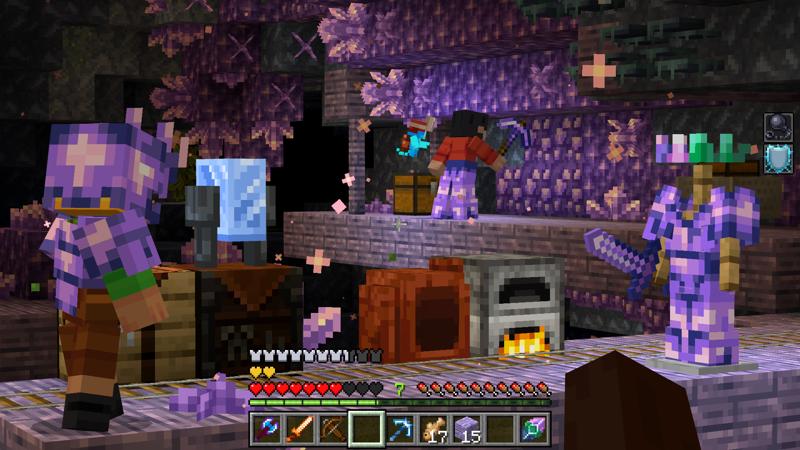 Игроки Minecraft в фиолетовой броне, исследующие и добывающие ресурсы внутри биома Аметиста, окруженного светящимися кристаллами.