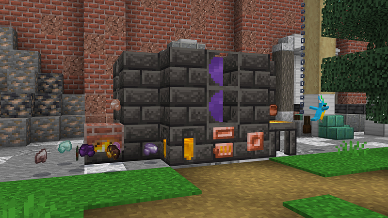 Плавильня в Minecraft, перерабатывающая различные руды с расплавленным металлом внутри и слитками, разбросанными по полу.