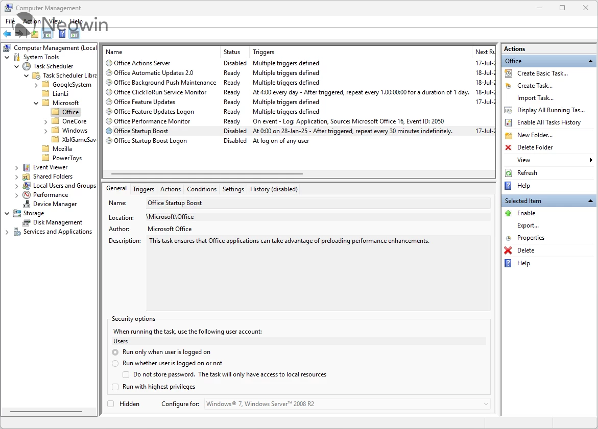 Microsoft 365 Office Startup Boost task schedule disabled by default on Windows 11 24H2
