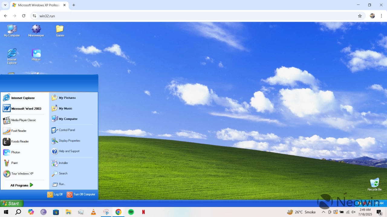 The Start menu in Windows XP running on the browser