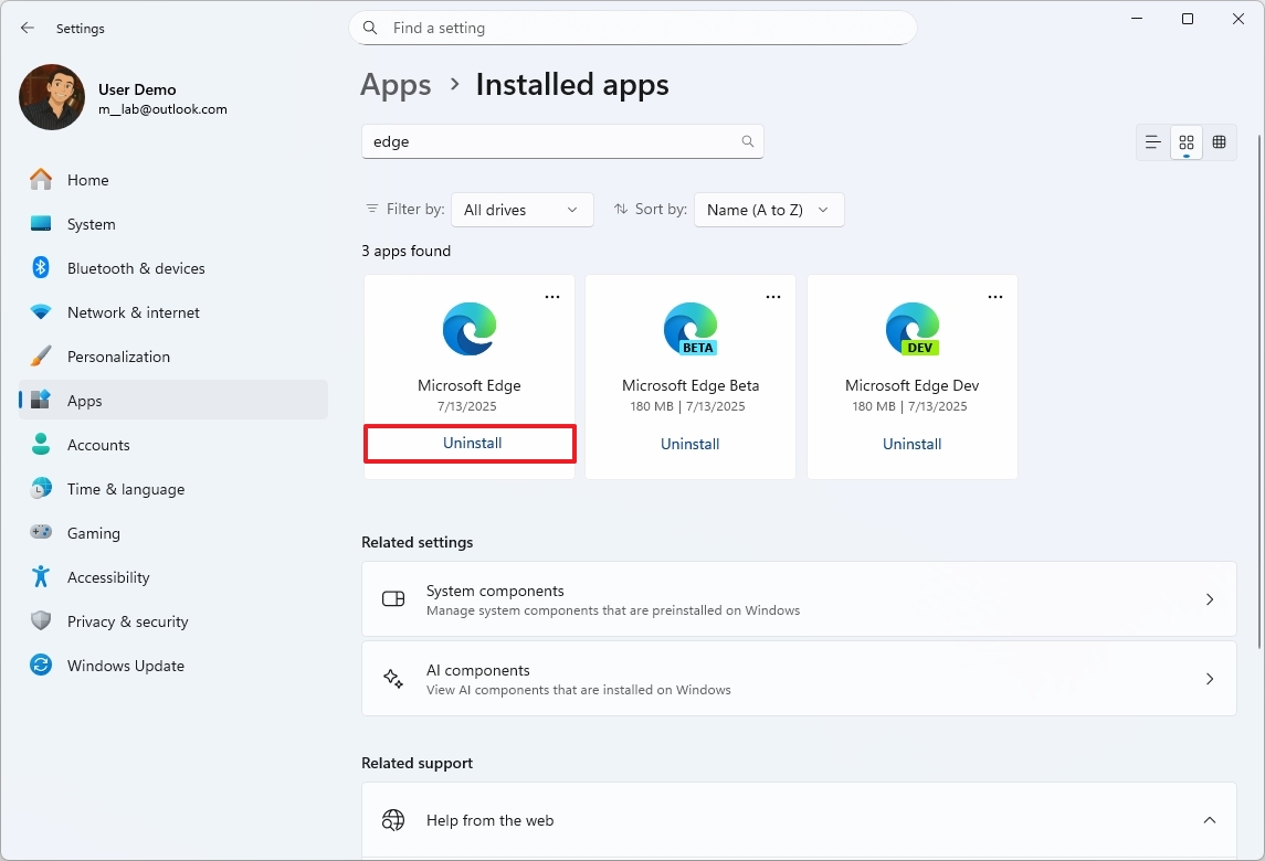 Удаление Edge в Windows 11