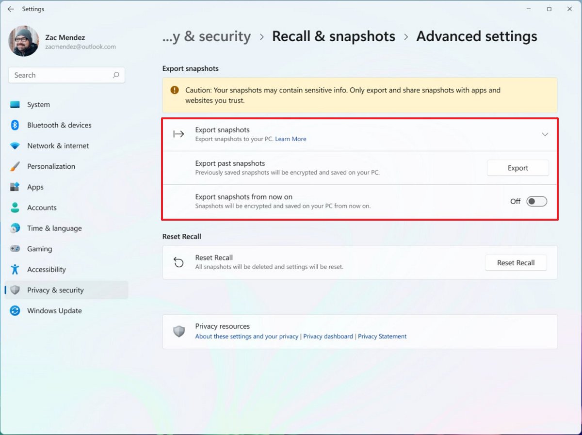 Настройки экспорта Windows Recall