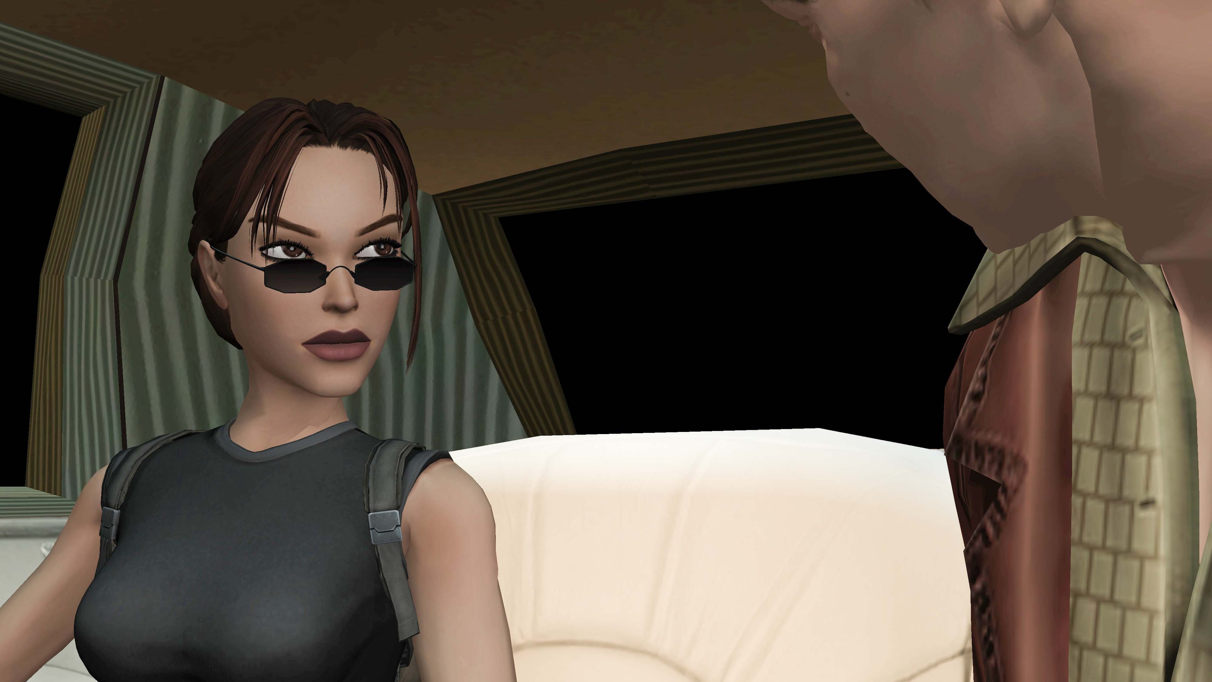 Кадр из Tomb Raider: The Angle of Darkness, на котором Лара в машине разговаривает с мужчиной.