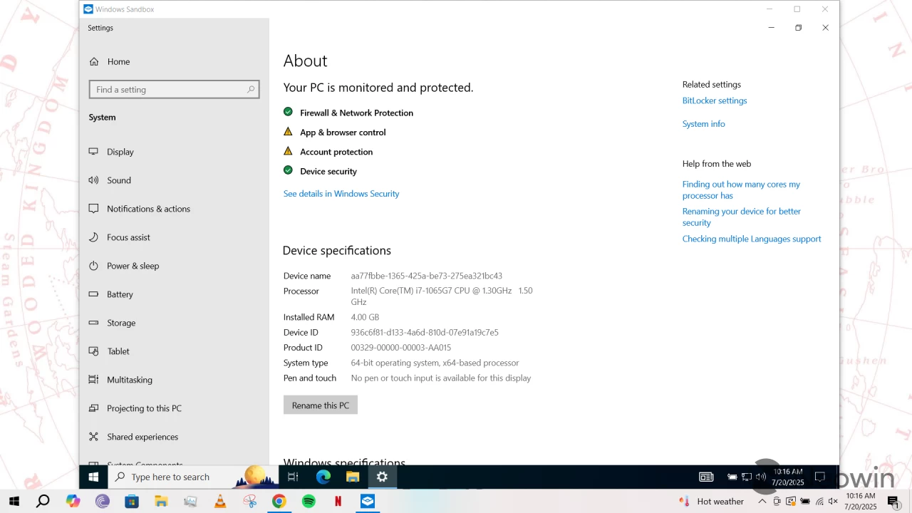 Windows Sandbox running in Windows 10