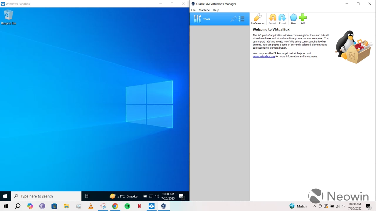 Windows Sandbox and Oracle VirtualBox open side by side in Windows 10