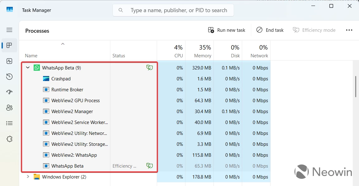 WhatsApp running in Windows 11 Task manager