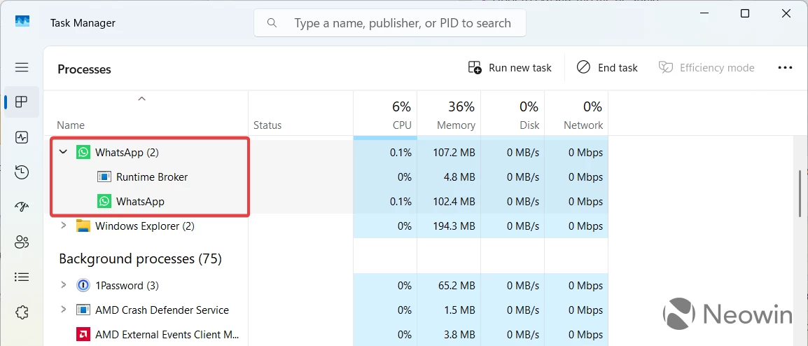 WhatsApp running in Windows 11 Task manager
