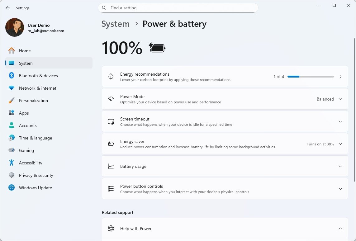 Windows 11 Power & battery settings