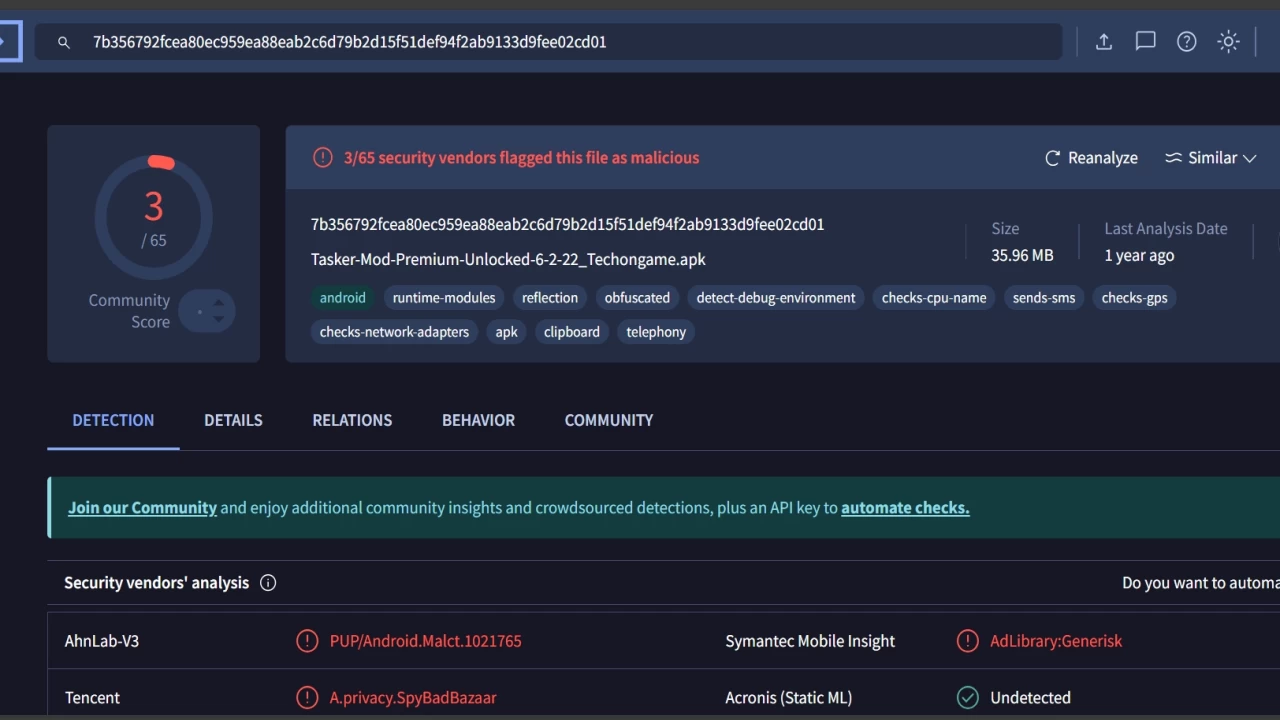VirusTotal scan results for an APK file