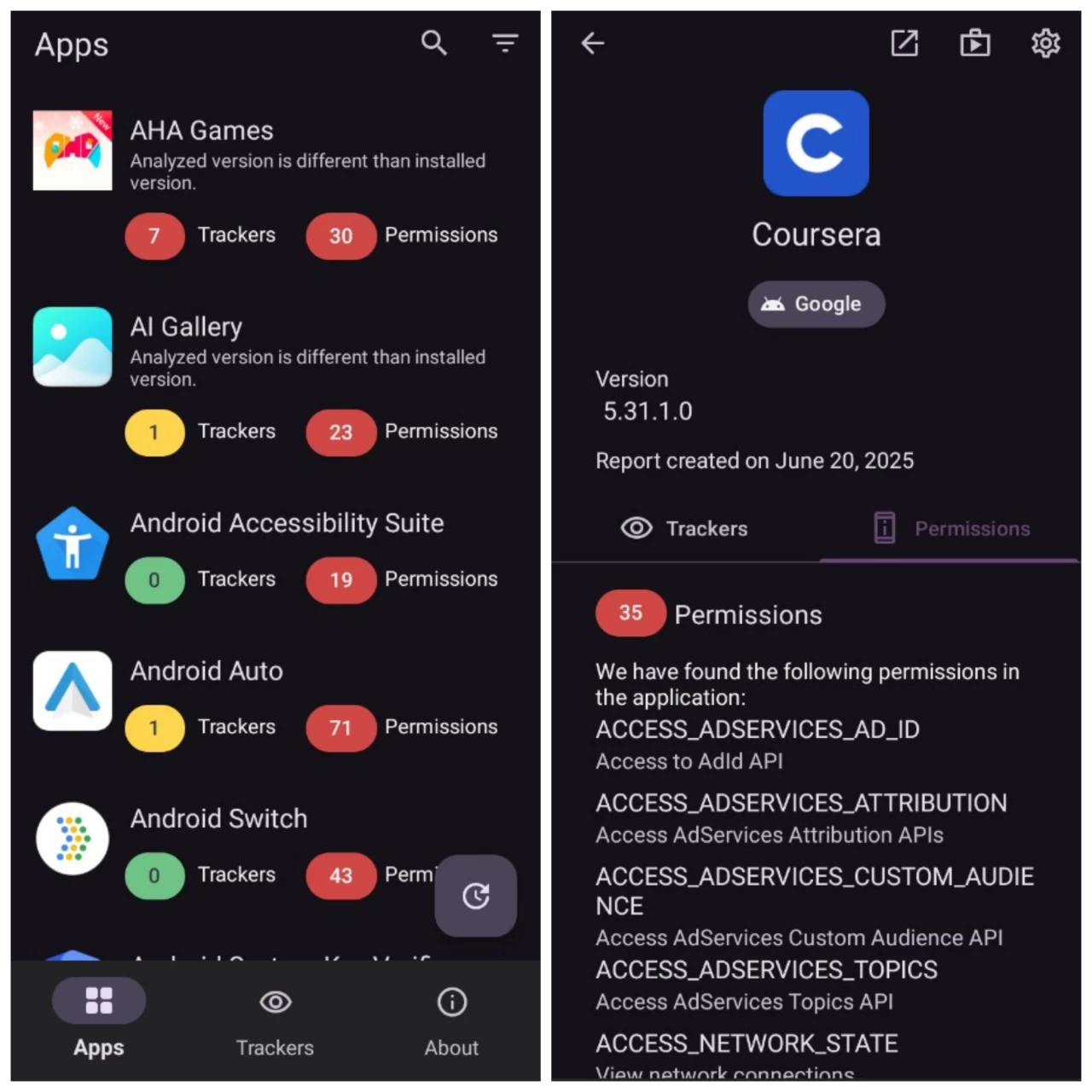 Exodus Privacy app interface showing app trackerspermissions