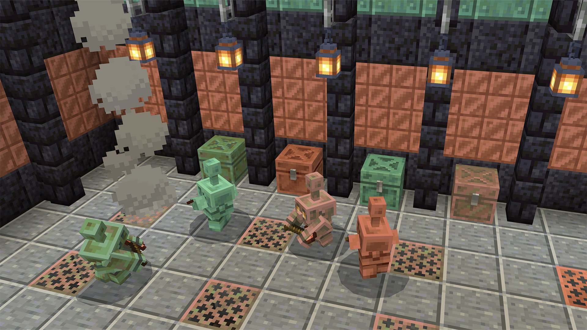 Скриншот медных големов и медных сундуков в Minecraft.