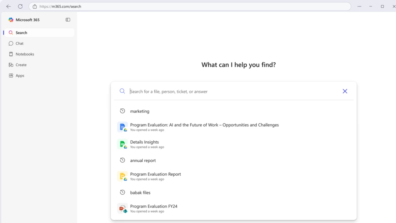 Интерфейс Microsoft 365 Copilot Search