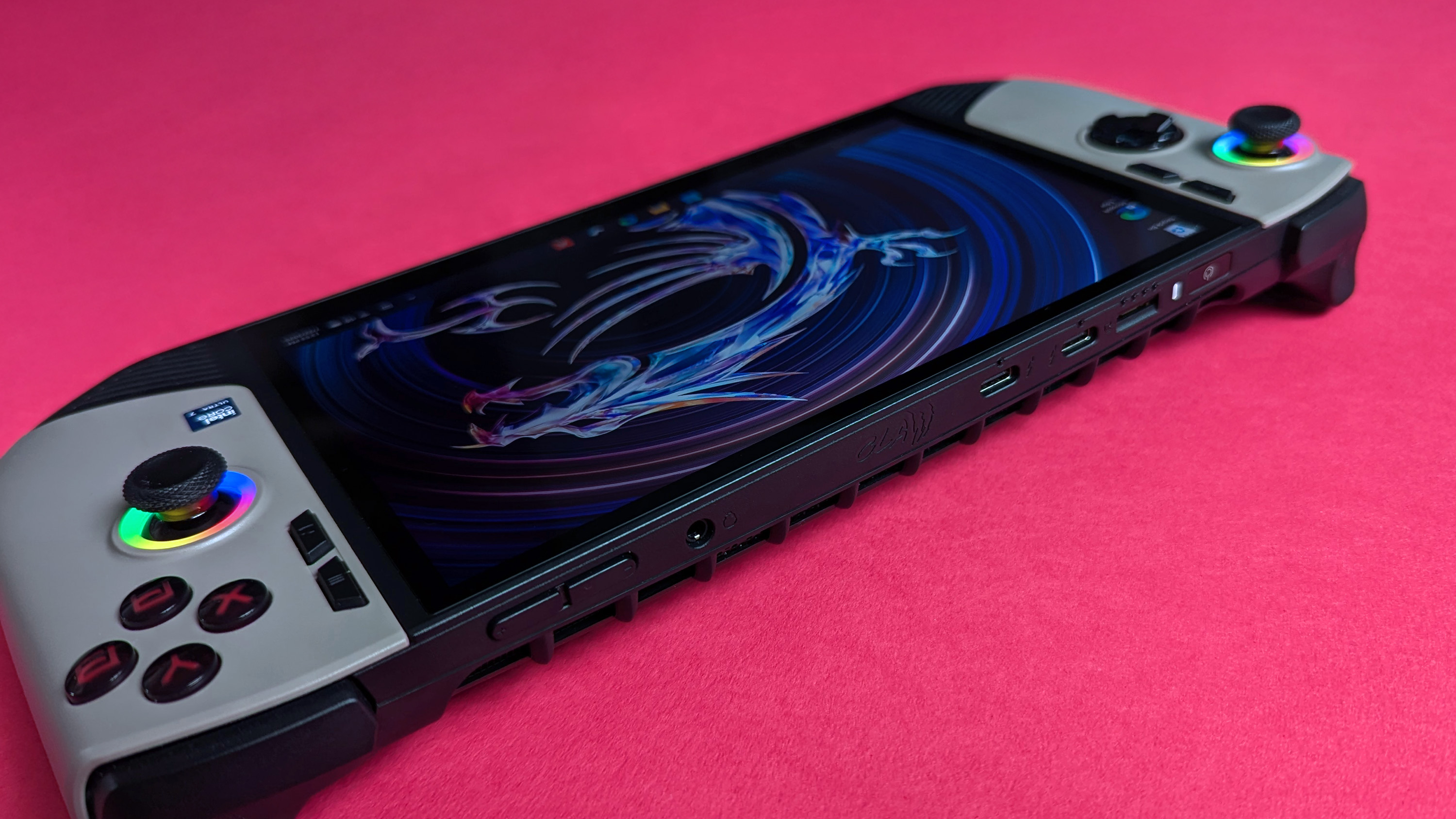 MSI Claw 8 AI+ handheld gaming PC with top buttons and ports