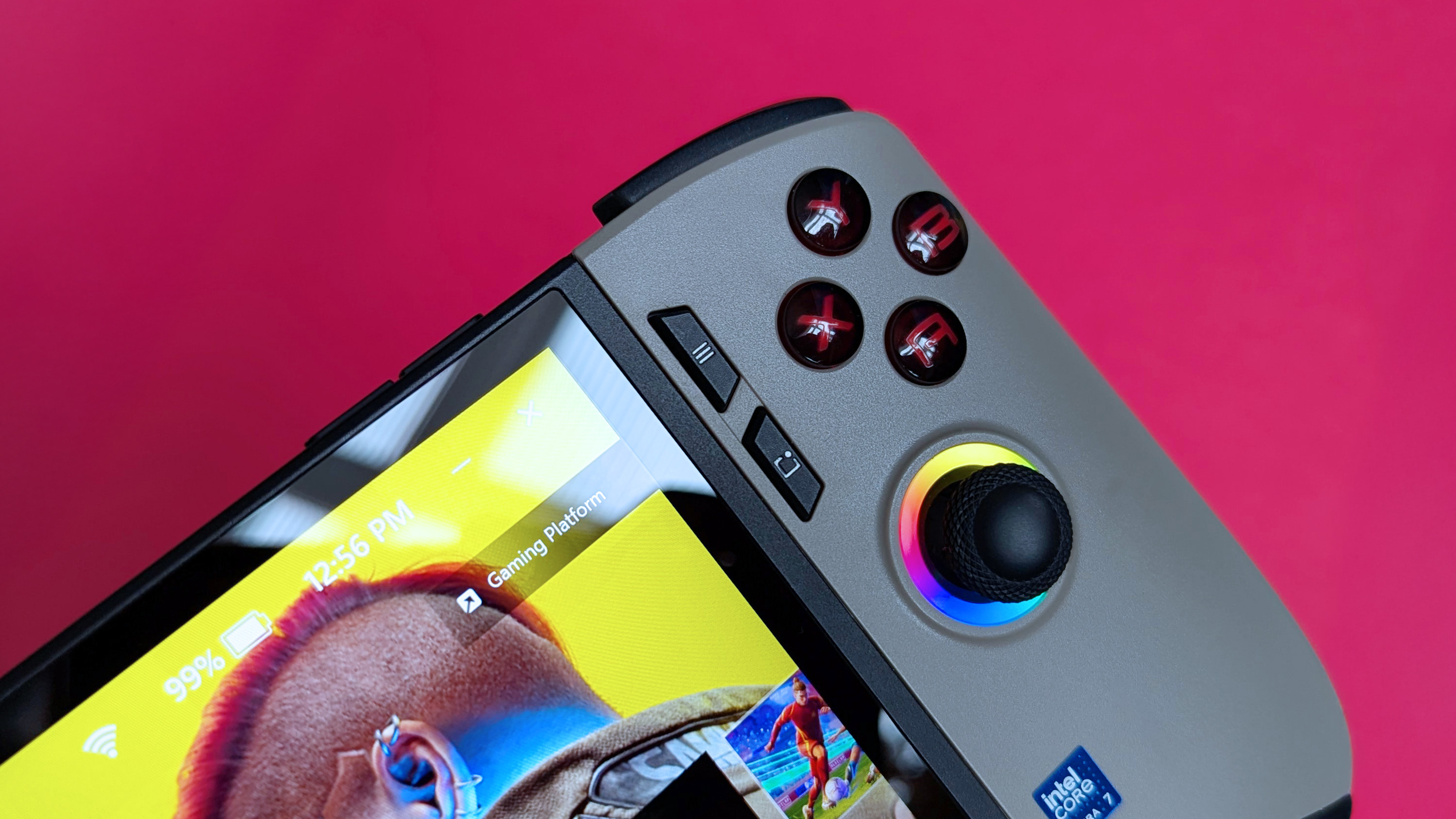 MSI Claw 8 AI+ handheld gaming PC right analog stick with RGB lighting and quick buttons
