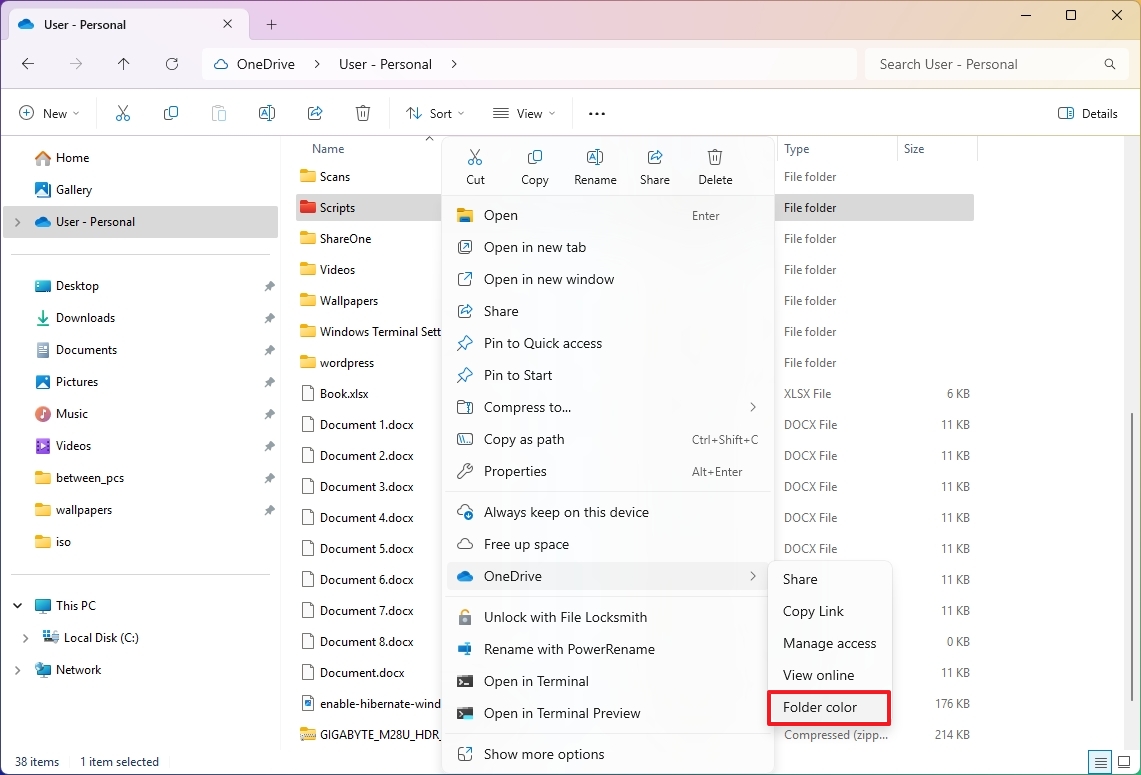 Контекстное меню OneDrive с выделенной опцией "Цвет папки"