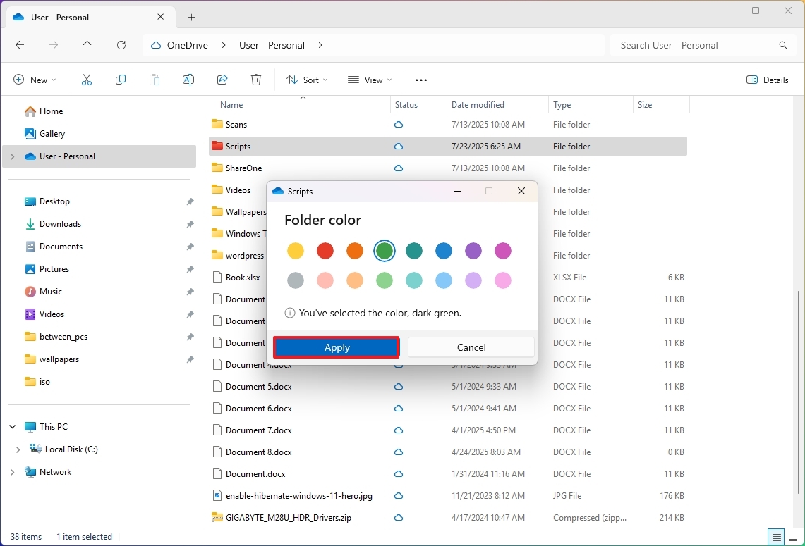 Параметры цвета папки OneDrive