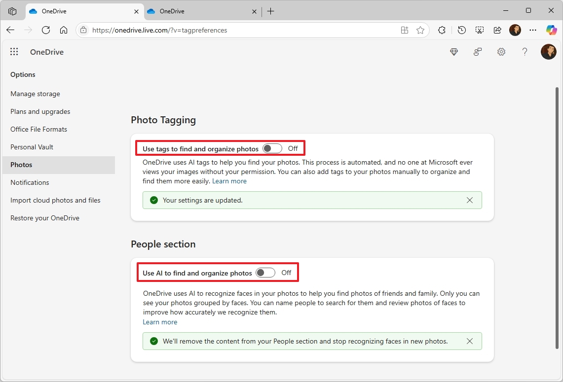 Раздел "Теги фотографий и люди" в OneDrive отключен