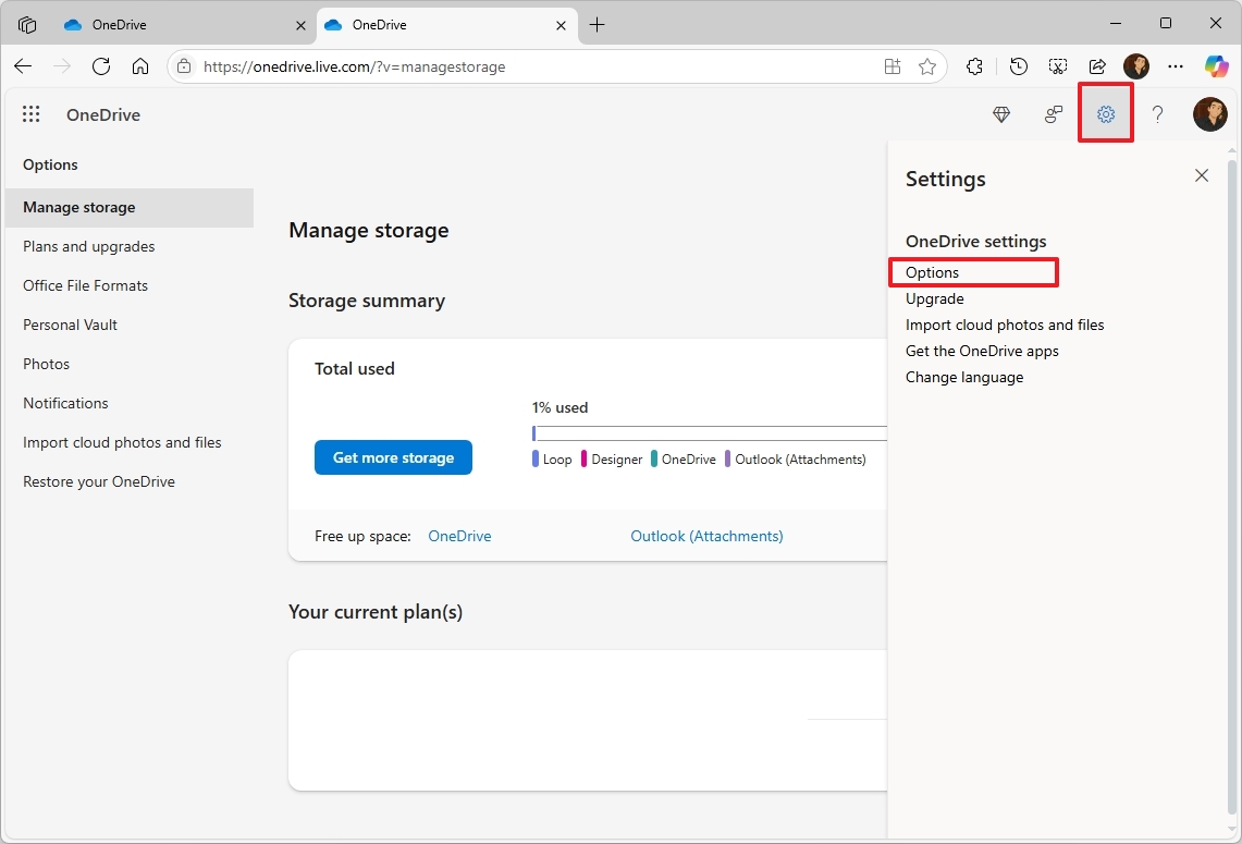 Веб-интерфейс OneDrive с выделенной опцией "Параметры"